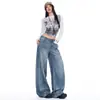 Jeans Vintage Lavados con Patrón de Rayos para Mujer, Pierna Recta Sueltos de Pierna Ancha, Azul Denim Otoño