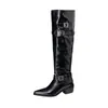 Botas de mujer de talla grande para comercio exterior transfronterizo, botas altas hasta la rodilla de tacón medio con punta fina y hebilla de cinturón, botas largas de estilo europeo y americano, botas de caña alta