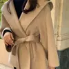 Roupas femininas coreanas de Dongdaemun, estilo retrô francês, elegante e de alta qualidade, casaco de lã com capuz e amarração, modelo curto para mulheres baixinhas