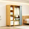 Armario de madera maciza con puertas de tela, adecuado para dormitorios del hogar, diseño simple de estilo abierto, ideal para propiedades de alquiler, gran capacidad, con compartimentos para colgar y apilar para un almacenamiento organizado