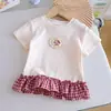 Moda para Niñas Camiseta de Algodón Puro con Bordado de Dibujos Animados de Manga Corta a Cuadros Verano Nuevo Elegante Top de Encaje Estilo Falda de Media Manga 3