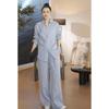 Verano Mujer 2025 Nuevo Luz Sal Madura Pequeño Estilo Chanel Elegante Casual Camisa Azul Pantalones de Pierna Ancha Traje de Dos Piezas