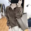 Camisa de cuadros de manga larga para mujer, nuevo estilo primavera/otoño, cuello tipo polo, diseño juvenil, camisa de cuadros retro de corte holgado, adecuada como capa interior o exterior