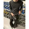 Camiseta de Manga Larga Rayada para Hombre de Otoño Tendencia Marca Americana High Street Estampado de Espinas Corta Ancha Holgada Hombro Normal Capa Interior Capa Base
