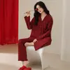 Pijama de Algodão Tencel para Mulheres, Manga Longa para Primavera e Outono, Vermelho, Conjunto Festivo de Homewear para Casamento, Atacado