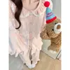 Pijama de Coral para Mujer, Otoño/Invierno, Estilo Dulce de Princesa, Encaje, Manga Larga, Pantalón Largo, Forro Polar Delgado, Conjunto Cálido para el Hogar