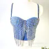 Colete Jeans Street Sexy Spice Girl Feminino Estilo Rock de Grupo Peixe Costela Franja Prismática Alça de Ombro para Barriga