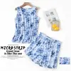 [Dropshipping/Venta al por mayor] Conjunto de pijama de verano para mujer con top de punto de algodón, estampado de dibujos animados, ropa de casa, talla grande