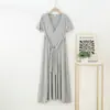 Vestido de Noite Modal com Decote V de Manga Curta, Design Sense, Feminino, Verão, Fino, Slim Fit, Emagrecedor, Peça Externa, Vestido Longo, Camisola