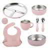 Juego de Vajilla de Acero Inoxidable 304 para Bebés, Plato Dividido con Ventosa, Babero de Silicona, Anticaídas, Juego Completo para Aprender a Comer
