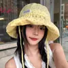 Sombrero de Pescador Amarillo Floral Dulce y Lindo para Mujer, Estilo Delgado con Ala Ancha para Primavera y Verano, Sombrero de Protección Solar para Exteriores