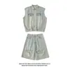 Conjunto de Chaleco y Shorts de Mezclilla Estilo Wasteland Lavado Retro Americano para Hombre, Diseño de Verano con un Conjunto Completo