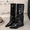 Platform Bootleg Boots 2026 Autumn/Winter New Style Height Increasing 7cm Belt Buckle Long Boots High Heel Pointed Toe Western Cowboy Boots