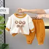 Conjunto de Duas Peças para Meninas Suéter de Algodão com Gola Redonda Laço Manga Longa Calça de Algodão Primavera e Outono 2024 Fabricante Original Atacado