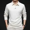 Camisa Polo Cruzada con Cuello Recortado para Hombre Primavera 2025 Nueva Casual Versátil Color Sólido Cuello Solapa Camiseta de Manga Larga para Hombre