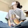 Camiseta Cinza 100% Algodão Pesado de Manga Curta para Mulheres Petite Verão Retro Estampa Americana Solta Gola Redonda Manga Meia Manga