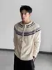 Jaqueta de Tricô Fair Isle Retrô Outono e Inverno Solta Casual Preguiçosa Tricô Caído para Homens e Mulheres para Casais