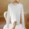 Suéter de punto acanalado beige con cuello redondo para mujer, nueva camisa base ajustada lista para usar de otoño e invierno, top para mujer