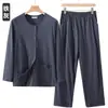 Camisa de Algodão Puro com Botões para Ar Condicionado para Homens de Meia-Idade e Idosos, Conjunto de Pijama de Manga Longa, Cardigã Fino Solto de Verão, Roupa de Casa