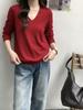 Blusa de Tricô de Lã Gola V Manga Longa para Mulheres Outono Inverno Novo Estilo Cor Lisa Simples Efeito Emagrecedor Camada Base Tricô Malha