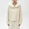 Suéter con Capucha y Cuello Grande de Piel Estilo Coreano Otoño/Invierno para Mujer Cardigan de Punto Trenzado con Cremallera Sudadera con Capucha de Temperamento Holgada Adelgazante