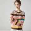 Cárdigan de cachemira acanalado a rayas de colores retro para mujer, suéter suave de cuello redondo ajustado, abrigo corto