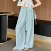 Conjunto de Camisa Boneca com Manga Bufante para Meninas 2026 Novo Conjunto de Verão Estiloso para Crianças Maiores, Calça Reta Listrada Conjunto de Duas Peças