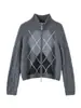Estilo Nuevo Otoño e Invierno 100% Cachemira Pura Cuello Alto Medio Cremallera Doble Cara Cuadros de Diamantes Cardigan con Contraste Chaqueta Top para Mujer