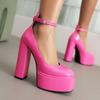 Zapatos de Salón de Charol con Punta Redonda de Moda Europea y Americana 2025 con Hebilla, Plataforma, Tacón Alto Grueso y Zapatos de Comercio Exterior