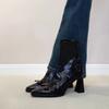 Versión de Piel de Oveja ~ Botines Retro de Tacón Alto con Lazo, Punta Cuadrada Pequeña, Elegantes Botines Cortos de Tacón Grueso, Cierre Trasero, Botines Elásticos Ajustados para Mujer