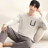 Venta al por mayor de fábrica Pijama de punto para hombre otoño manga larga pantalón largo 6535 holgado estampado talla grande conjunto de dos piezas L-4X