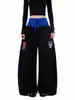Fabricante Original Retrô Americano Calça de Moletom Patchwork com Letras de Cintura Dupla Unissex Perna Larga Solta Costa Oeste