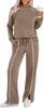 2025 Europeu e Americano Comércio Exterior Transfronteiriço Amazon Popular Gola Redonda Manga Longa Calça Stretch Fenda Lateral Casual Conjunto de Moletom para Mulheres