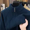 Suéter masculino de tricô grosso com zíper parcial transfronteiriço, pulôver casual de inverno com gola alta, malha quente para camada base para homens de meia-idade