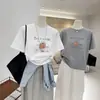 Camiseta de Manga Corta de Algodón Puro Estilo Dibujos Animados para Mujer, Nuevo Estilo de Verano, Cuello Redondo que Rejuvenece, Estampado de Letras, Top Holgado y Versátil Adelgazante