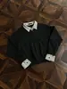 Sudadera estilo americano de dos piezas falsas con cuello de polo, camiseta de manga larga con media cremallera para hombre, jersey a cuadros con cuello limpio