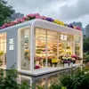 Moderna florería curva con forma de manzana, con escaparate de cristal panorámico de suelo a techo para flores frescas y un paisaje floral en la azotea
