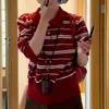 Camisa Polo de Punto Rayas Rojas para Mujer Manga Larga Otoño Temprano 2025 Nuevo Diseño Estilo Coreano Top Tejido