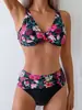 Bikini de dos piezas con estampado floral tropical europeo y americano para mujer, traje de baño de cuello halter con escote en V, bañador de cintura alta para ocultar el abdomen para vacaciones en la playa