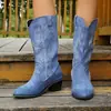 Nuevas Botas Vaqueras Occidentales Bordadas Retro de Gran Tamaño para Mujer para Comercio Exterior, Botas Altas Largas con Corte en V y Tacones Gruesos que Te Hacen Ver Más Delgada
