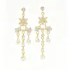 Aretes colgantes florales estilo francés, totalmente de diamantes con borlas, estilo corte vintage, largos, con forma de estrella, aretes brillantes de diamantes para uso formal y novias