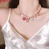 Conjunto de Colar e Brincos Pérola Barroco Retrô Francês para Mulheres Doce Rosa Amor Laço Pingente Corrente da Clavícula