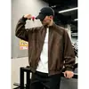 Jaqueta Masculina de Couro PU Tie-Dye Retrô Americana Outono Desconstruída Estilo Workwear Celeiro Vibe de Alto Padrão Canalha Legal Jaqueta Biker