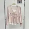 Camisa Feminina Ruoxin Outono Estilo Doce Francês Rosa Franzido Jovem Gravata Borboleta Emagrecedora com Design de Camada Falsa Dupla