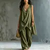 2026 Europeu e Americano Transfronteiriço Amazon Primavera/Verão Feminino Sem Mangas Gola Alta Cor Sólida Elegante Solto Algodão Linho Estilo Férias Conjunto