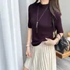 Top de punto ajustado para mujer con cuello semi-alto, manga corta, nuevo estilo 2026, adelgazante, versátil, top de lana, negro, gris, café, oscuro