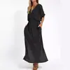2025 Novos Produtos de Primavera e Verão Europeus e Americanos Cruzados Estação Independente Aliexpress Vestido de Cor da Moda Cintura Alta Fenda Decote V