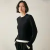 Cheio de charme! Suéter casual de lã feminino, gola redonda, blocos de cor, corte solto, imitação de duas peças em cashmere