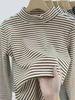 Camisa de base para ombro de veludo dupla face Feminina solta gola alta meia outono e inverno moda listrada estilo coreano top quente manga longa camiseta