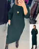 Transfronterizo 2023 otoño e invierno nuevo Amazon Europa y Estados Unidos color liso bolsillo manga larga cuello redondo vestido mujer